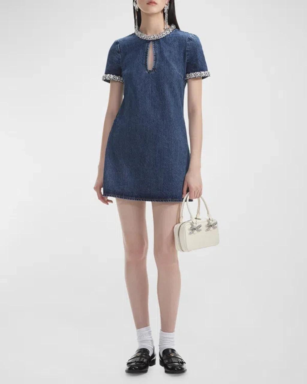 Embellished Denim Short-sleeve Mini Dress In Blue product image