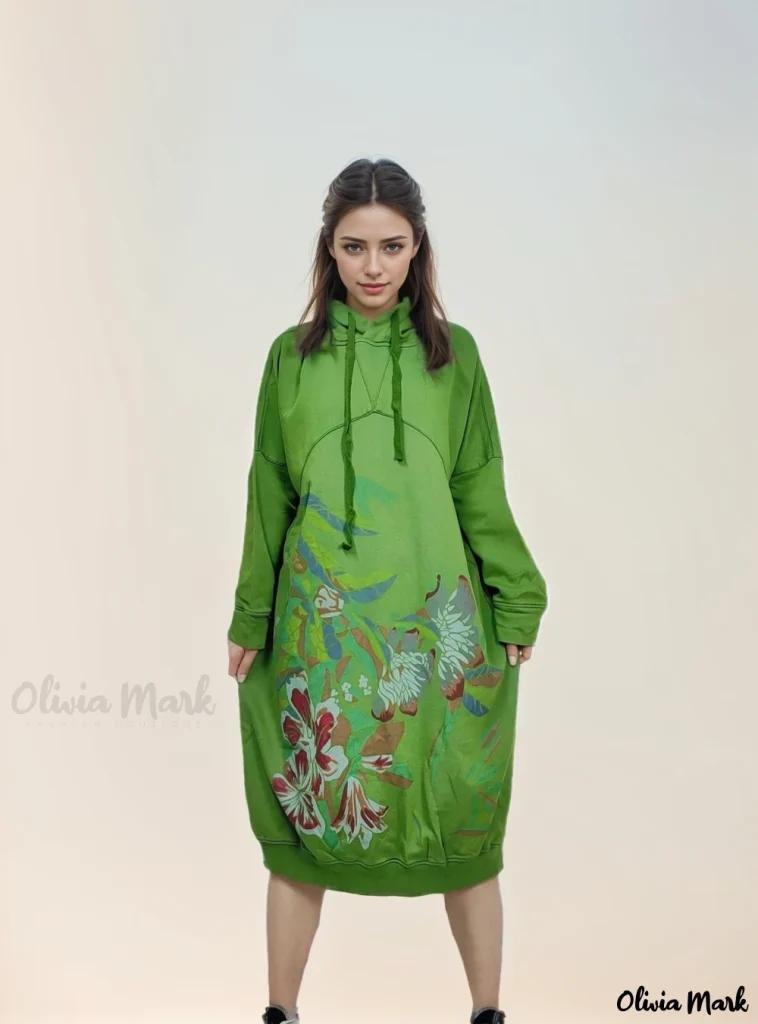 Olivia Mark – Vintage-inspired Hooded Sweater Dress with Loose-fit and Floral Print Product Image