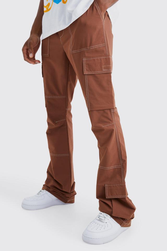 Elasticated Waist Slim Flare Contrast Stitch Cargo Pants | boohooMAN USA Product Image