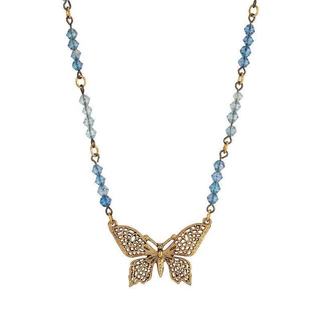 1928 Gold Tone Blue Butterfly Necklace, Womens Product Image