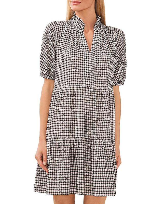 CeCe V-Neck Short Puff Sleeve Tiered Gingham Babydoll Dress Product Image