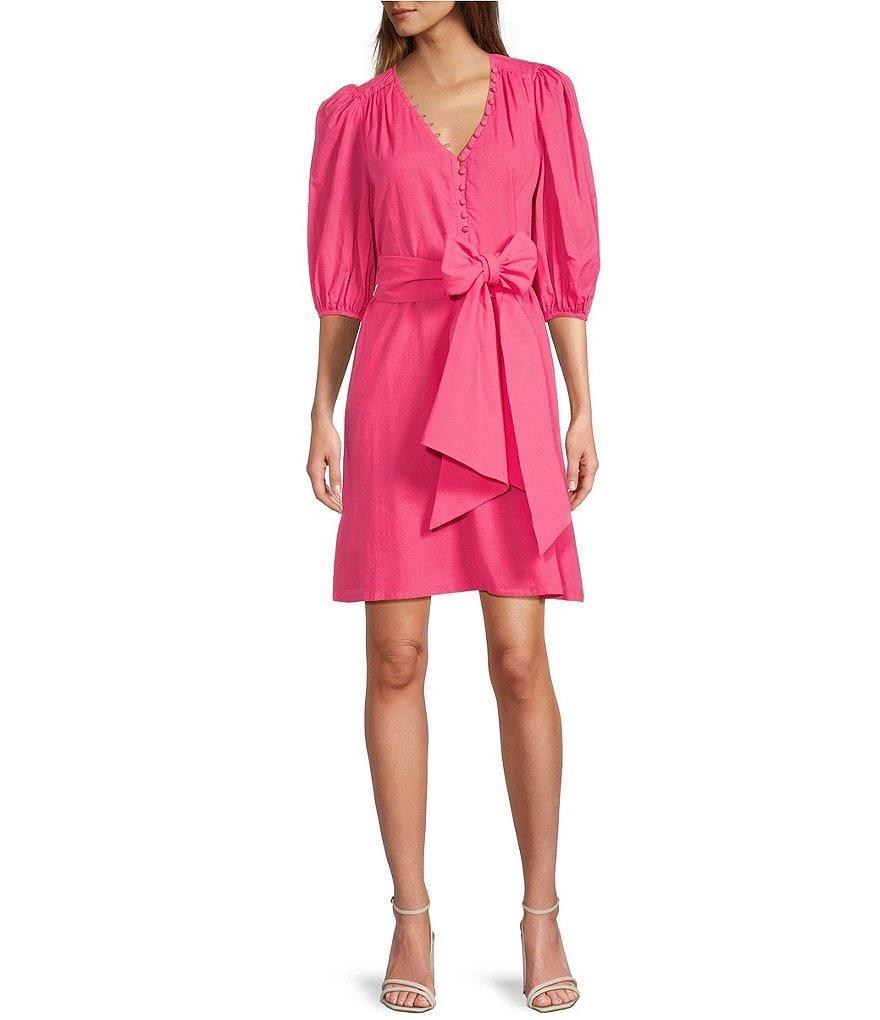 Trina Turk Malina V-Neck Side Pocket Short Puff Sleeve Belted A-Line Dress Product Image