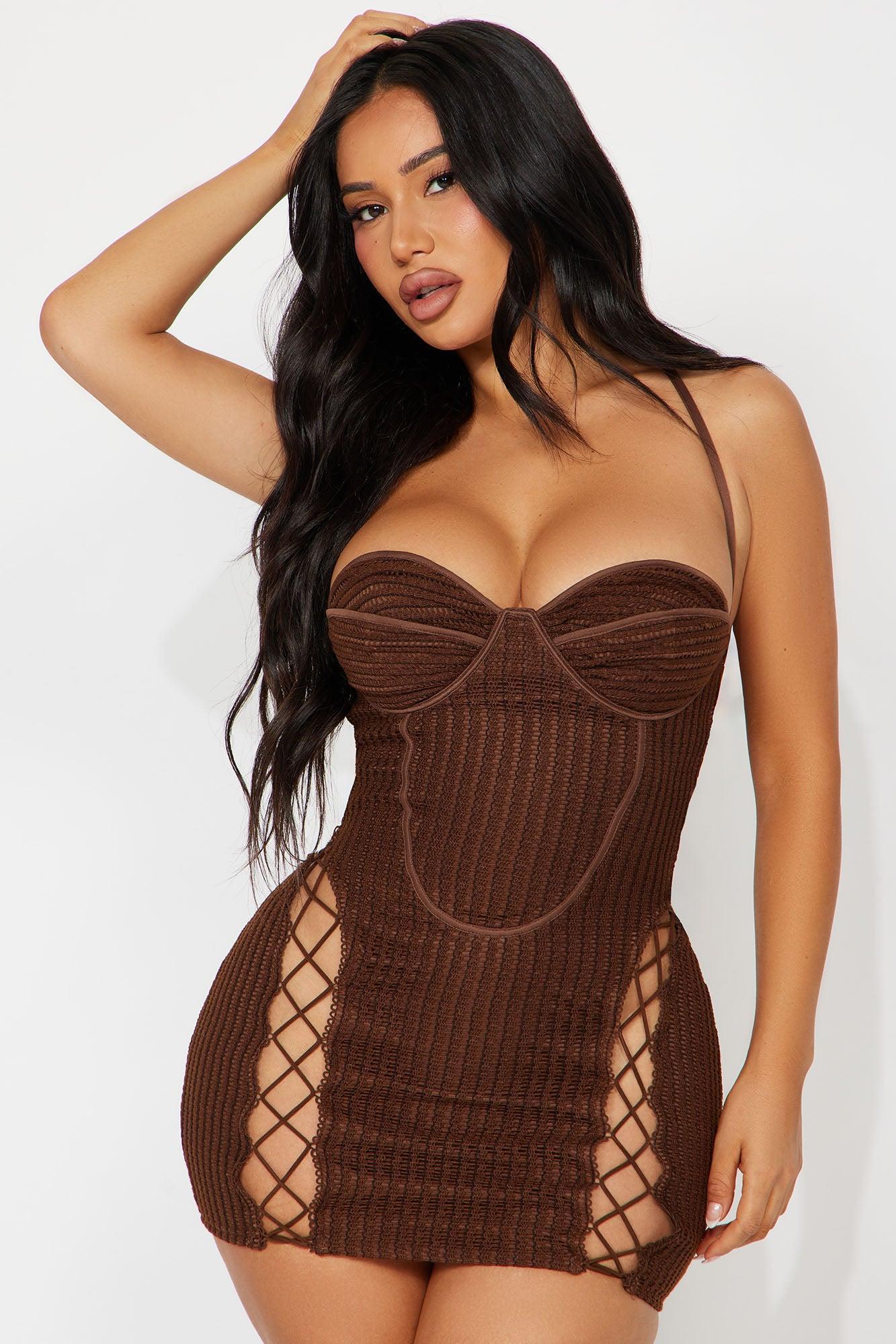 All Tied Up Crochet Mini Dress - Chocolate Product Image