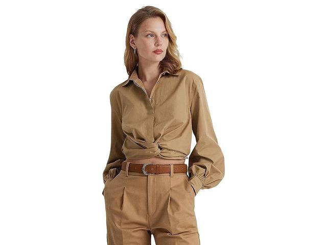 LAUREN Ralph Lauren Twist-Front Broadcloth Cropped Shirt (Classic Camel) Women's Clothing Product Image