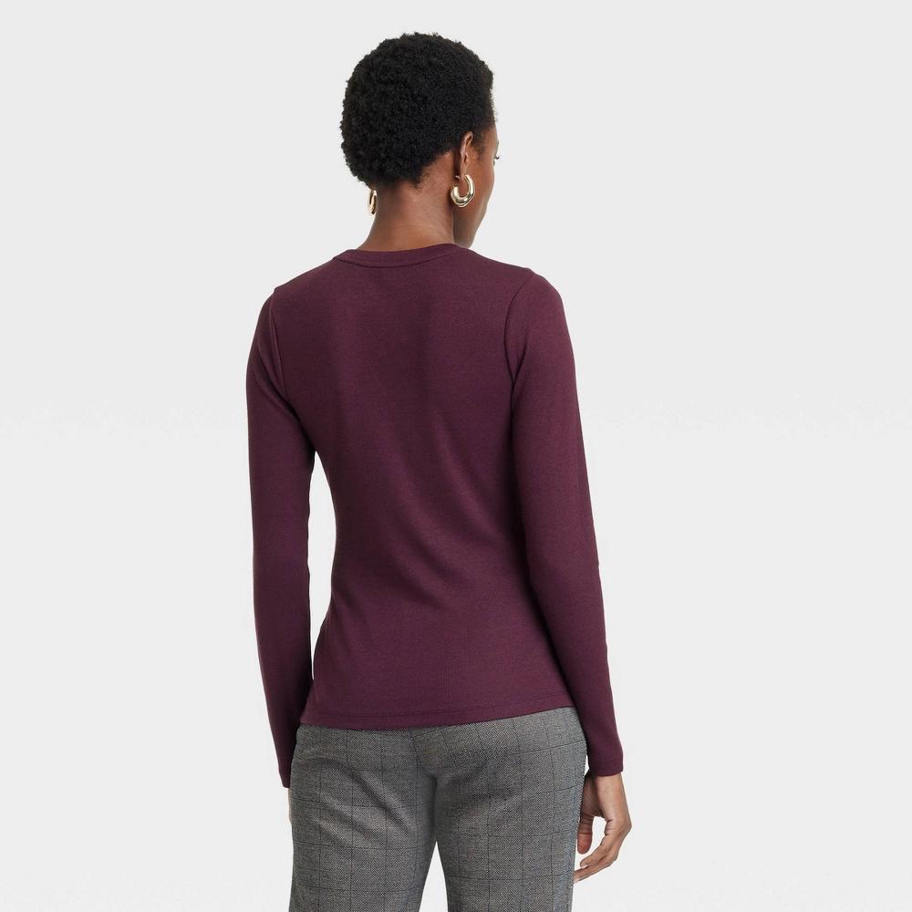 Women's Long Sleeve Ribbed T-Shirt - A New Day™ Burgundy S Product Image