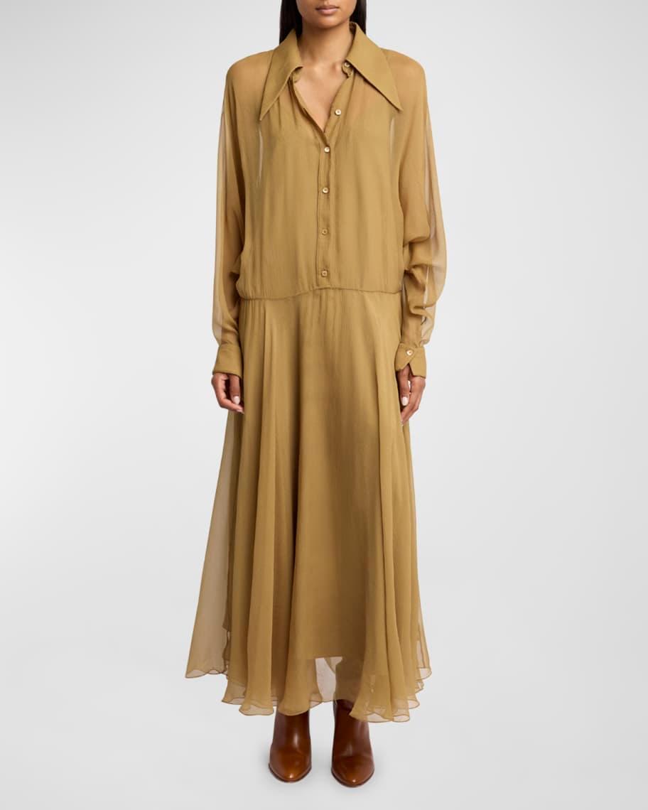 Long-Sleeve Organic Silk Maxi Shirtdress Product Image