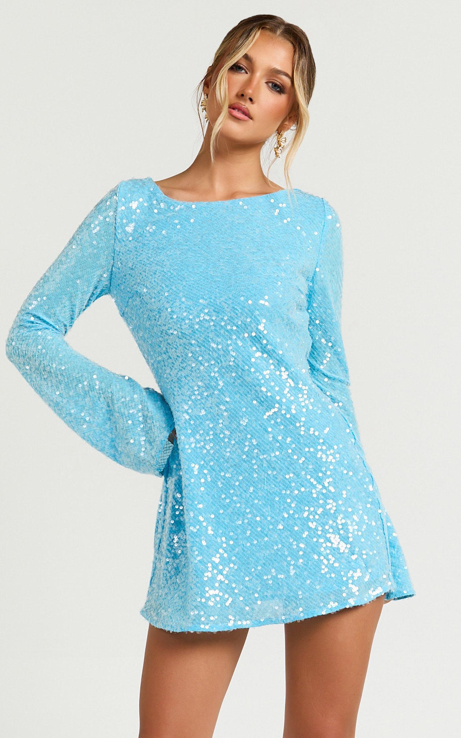 Bertina Mini Dress - Sequin Scoop Neck Low Back Dress in Blue Product Image