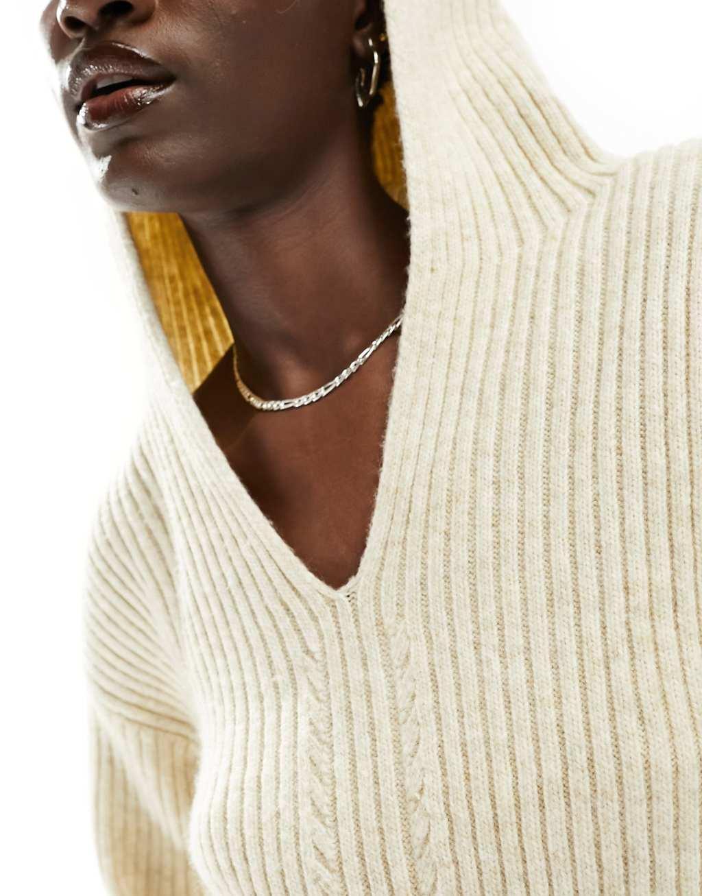 Monki v neck knitted hood sweater in beige Product Image