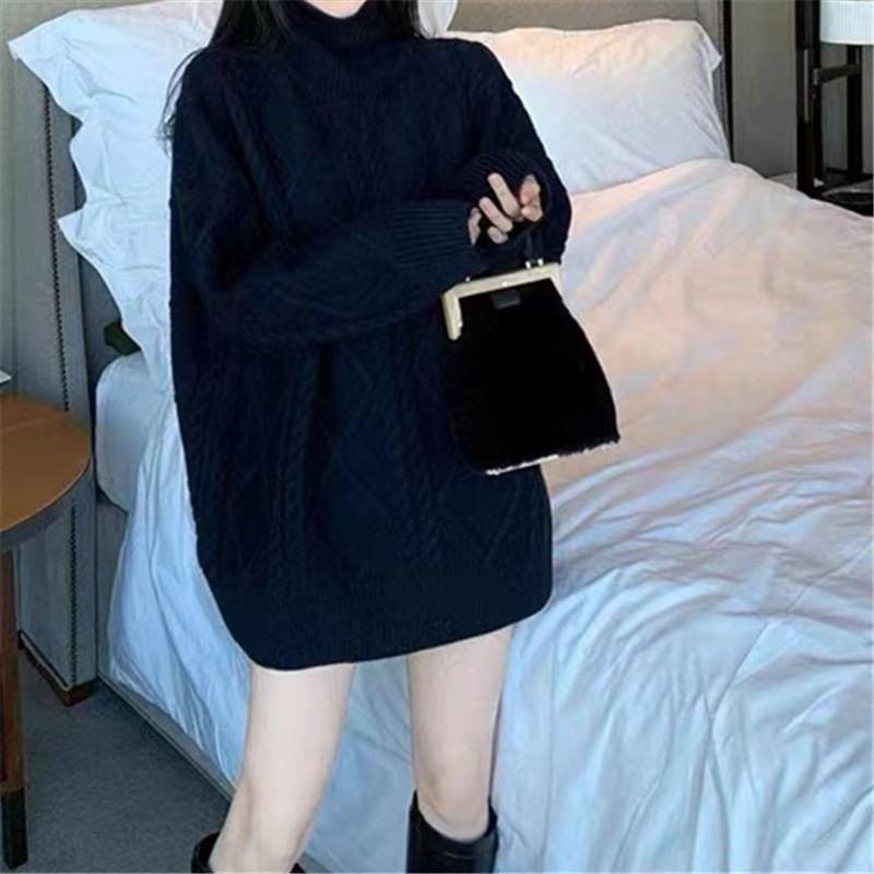 Long-Sleeve Turtleneck Plain Mini Sweater Dress Product Image