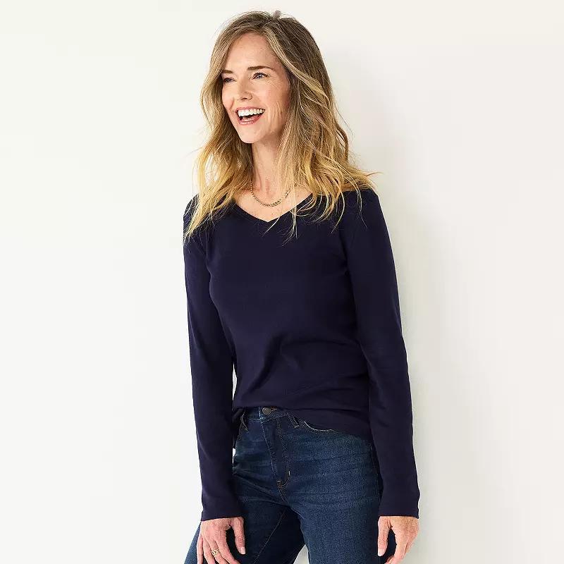 Womens Croft & Barrow Essential Long Sleeve V-Neck Tee Dark Blue Product Image