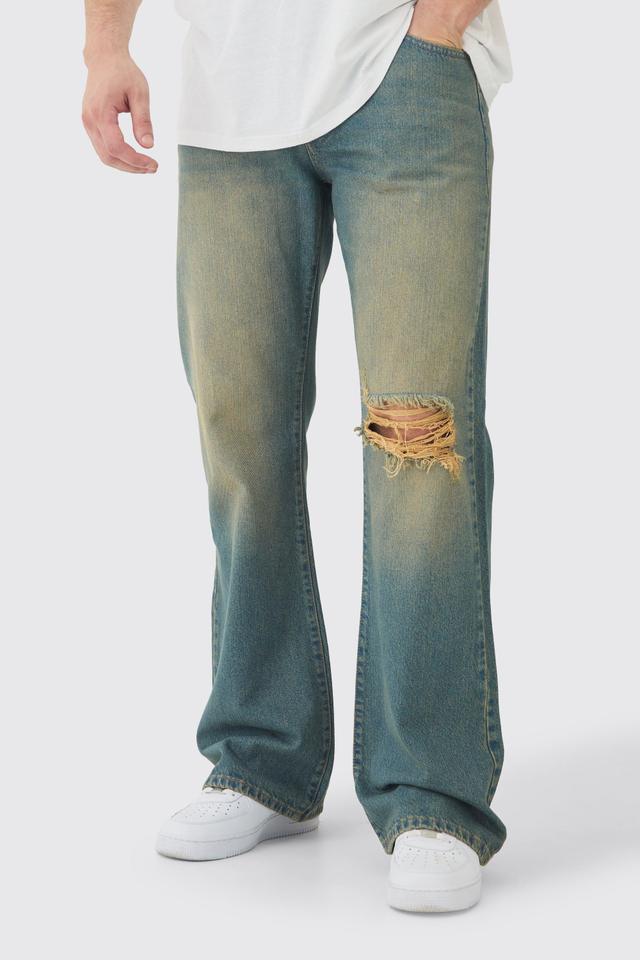 Mens Green Tall Relaxed Flare Rigid Knee Rip Tinted Denim Jean, Green Product Image