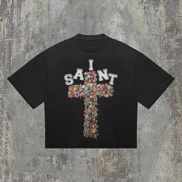 Vintage Saint Cross Graphics Printed Cotton T-Shirt Product Image