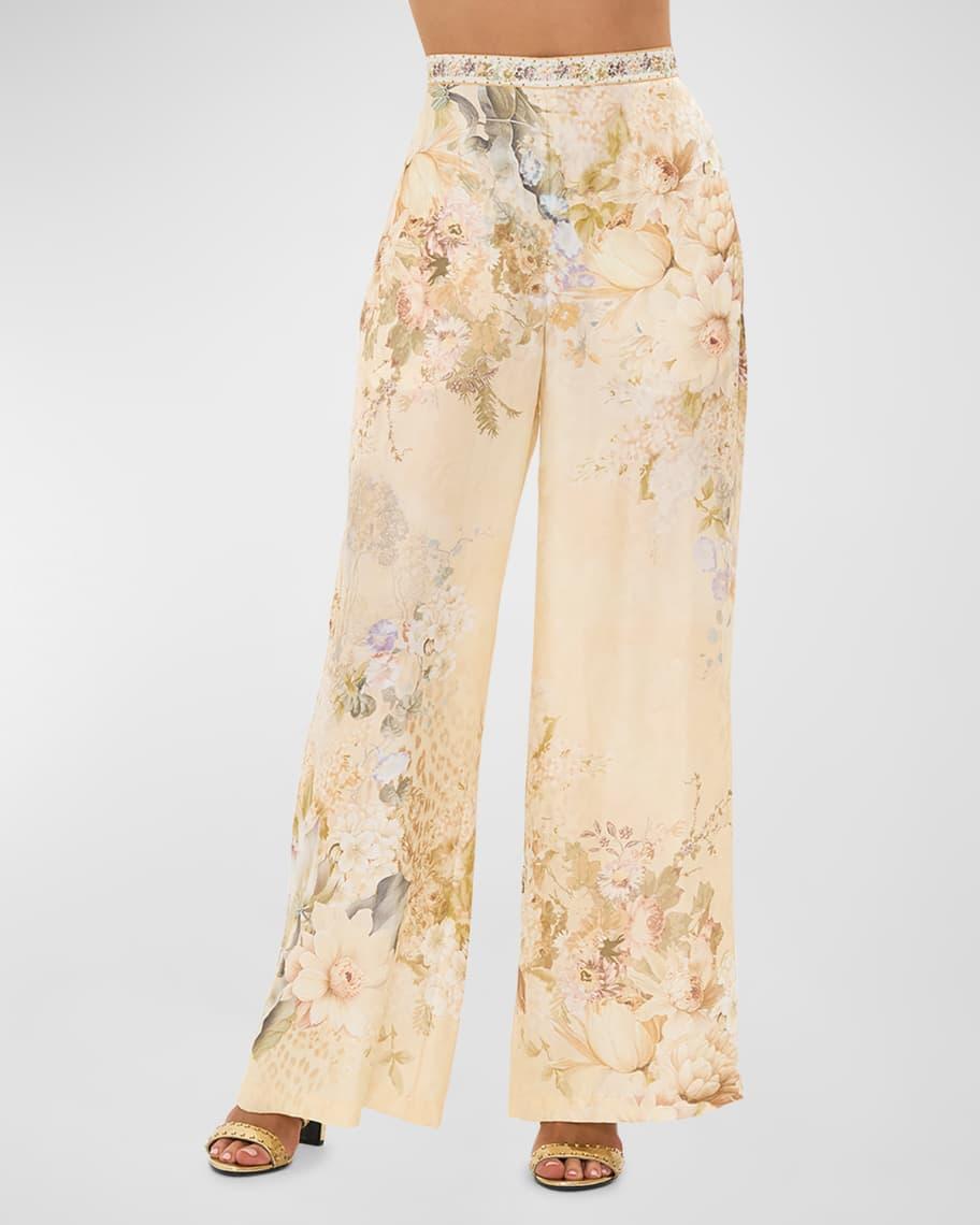 Minimal Floral Silk-Blend Wide-Leg Pants Product Image