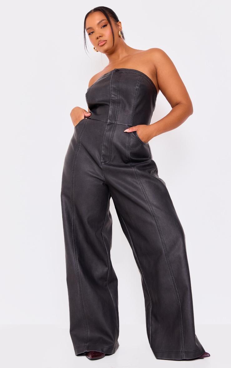 Plus Black Faux Leather Bandeau Lace Back Straight Leg Jumpsuit Product Image