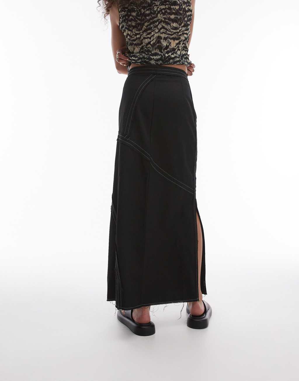 Topshop twill raw edge topstitch midi skirt in mono Product Image