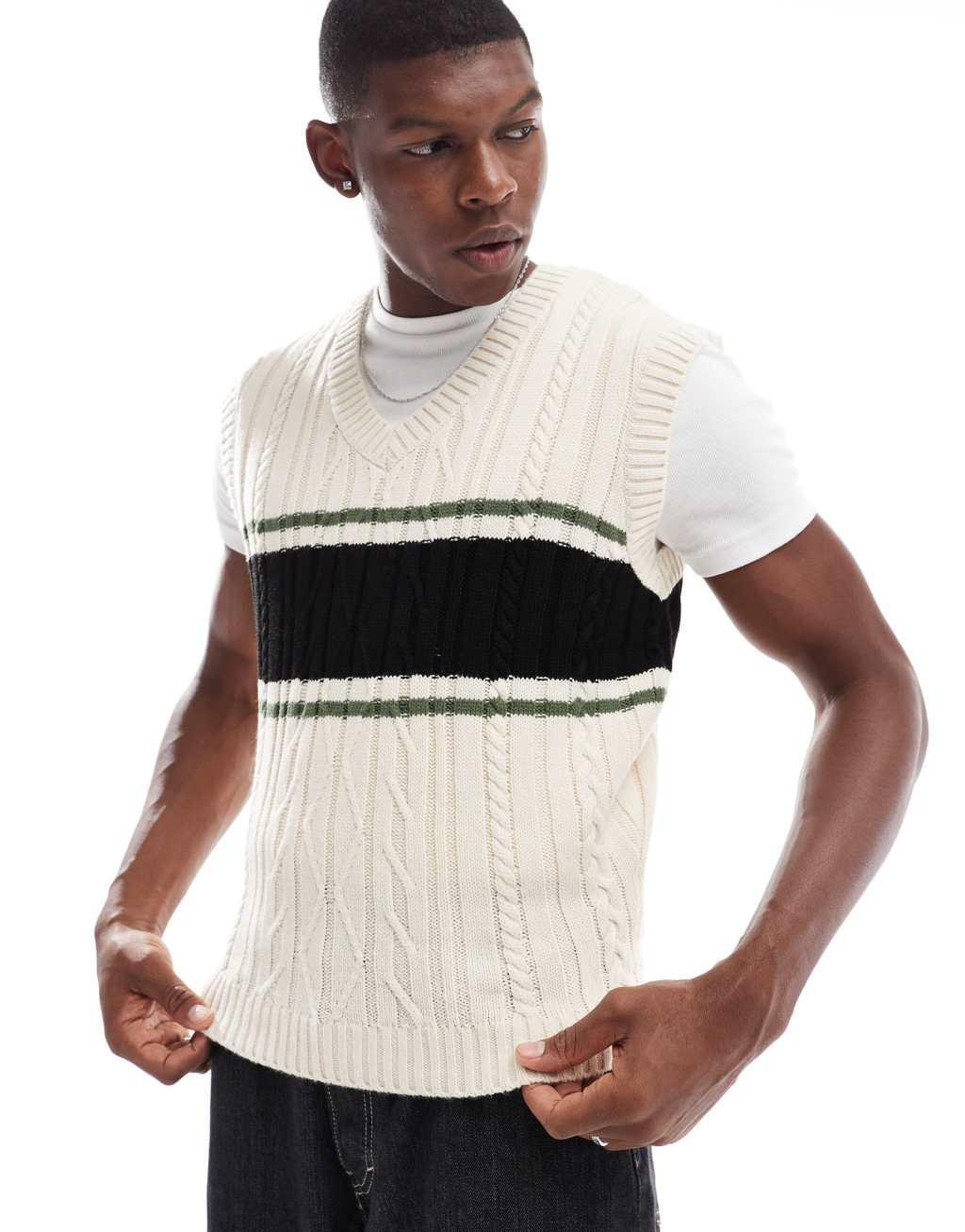 ASOS DESIGN relaxed boxy knitted tank top with stripe contrast in ecru Product Image