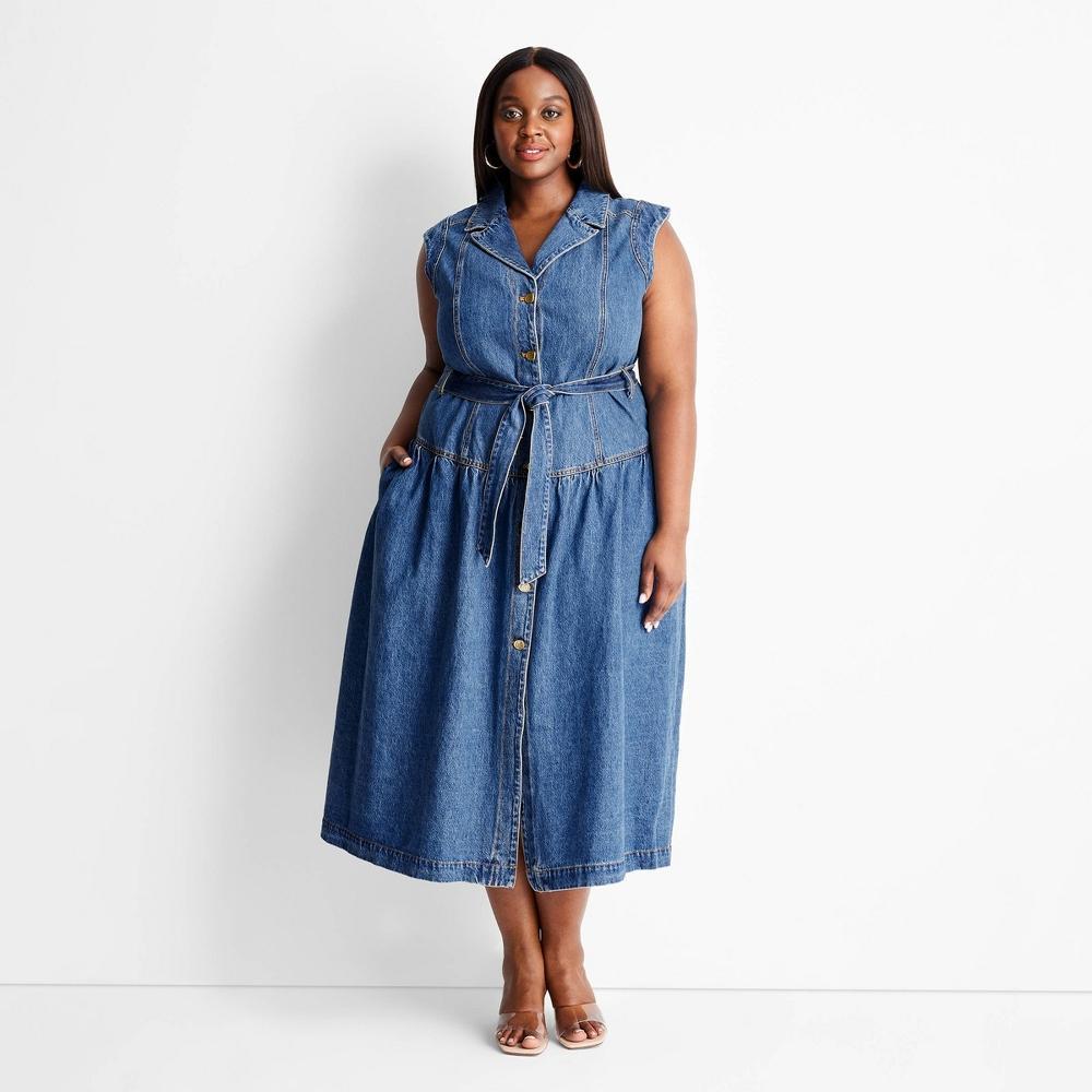 Womens Sleeveless Button-Front Midi Dress - Future Collective with Jenee Naylor Medium Wash Product Image