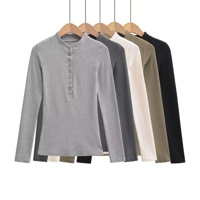 Long-Sleeve Henley Plain Tee Product Image