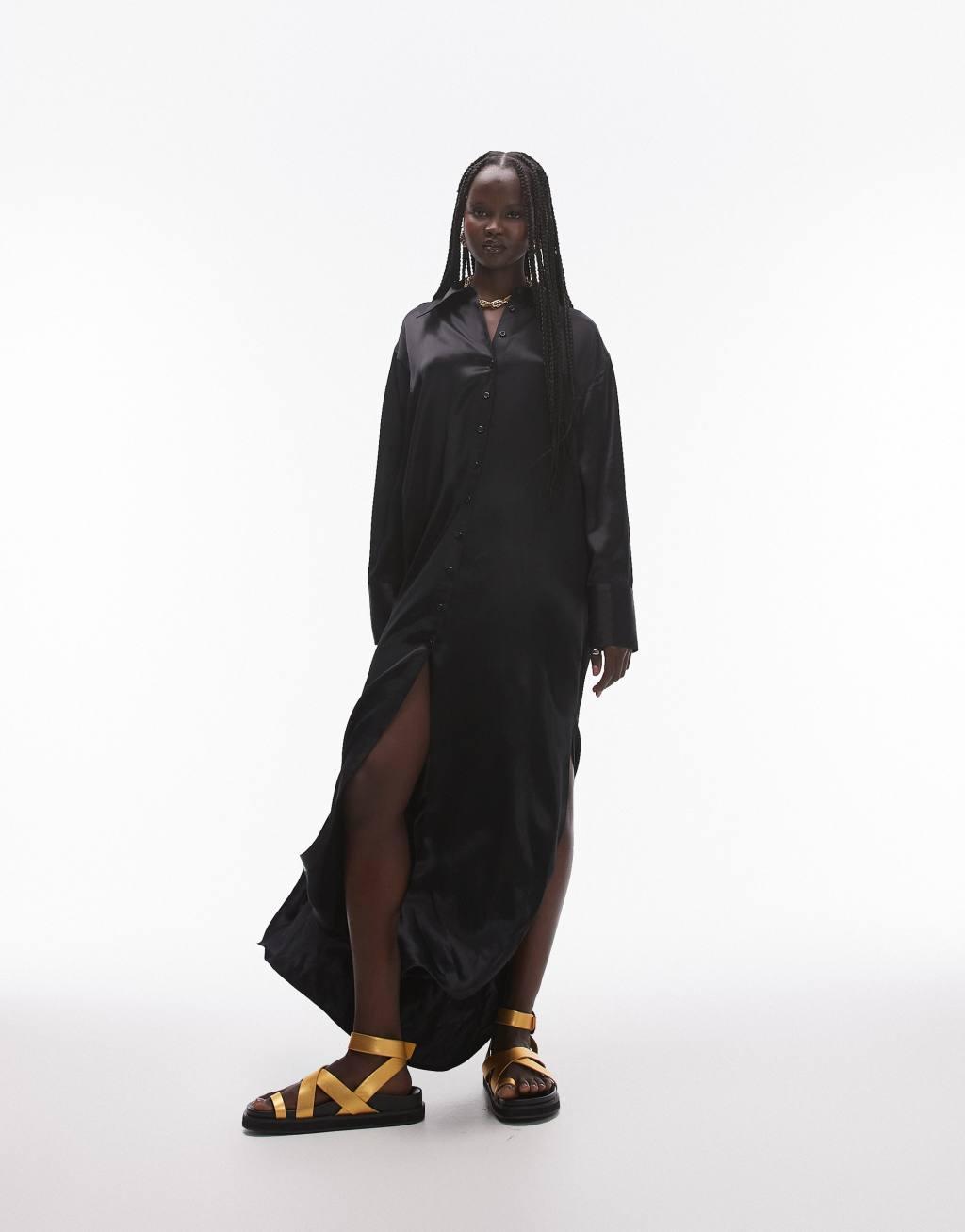 Topshop premium satin maxi shirt dress with step hem in black product image