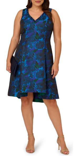 Adrianna Papell Ruffle Sleeveless Jacquard Dress in Blue Multi at Nordstrom, Size 14W Product Image