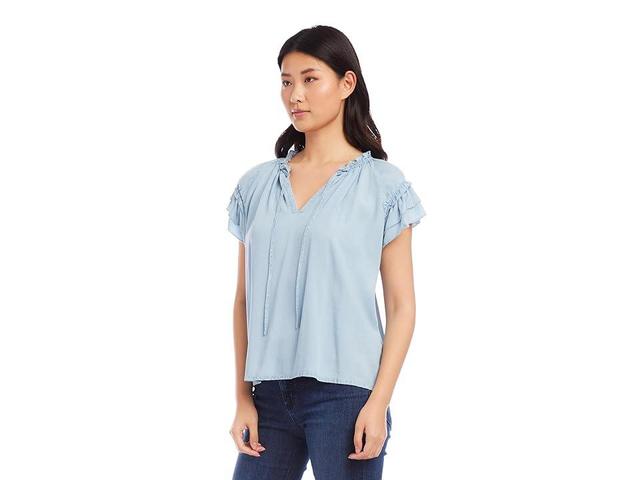 Karen Kane Flutter Sleeve Ruffle Top (Chambray) Women's Clothing Product Image