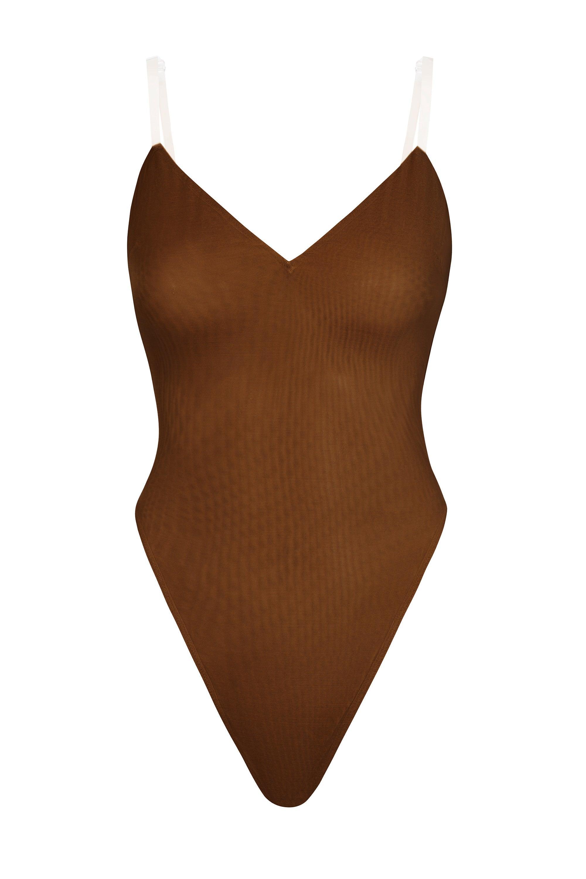 Soft Mesh V-Neck Bodysuit in Chestnut Product Image