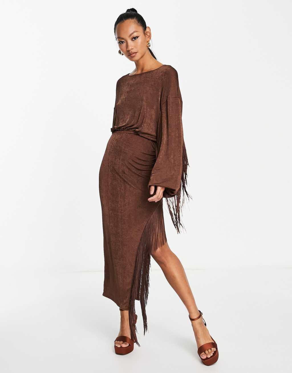 ASOS DESIGN long sleeve slinky midi dress with fringing in brown Product Image