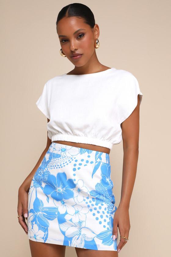 Refreshed Vibes White and Blue Floral Print High-Rise Mini Skirt Product Image