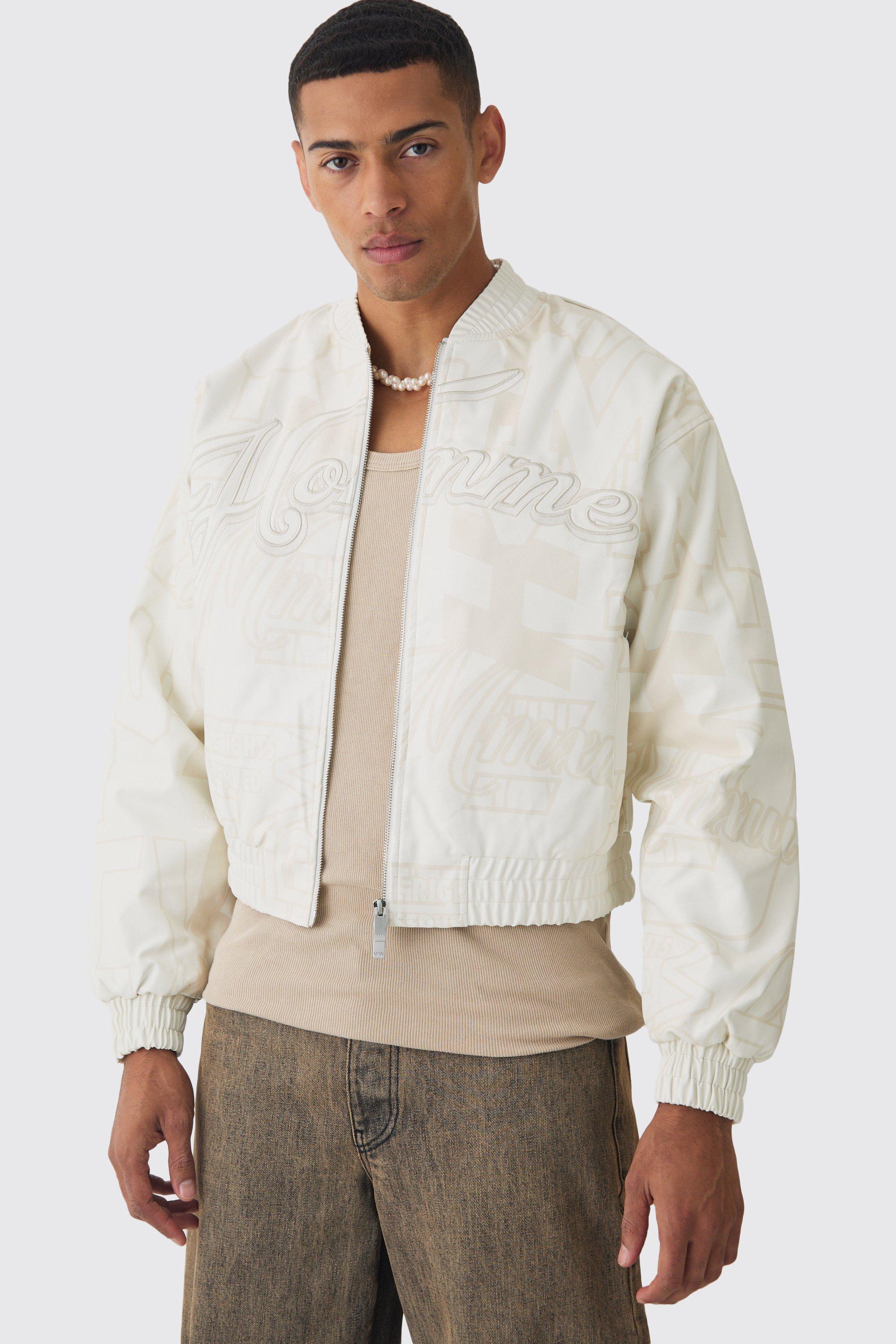 Boxy Homme Printed Bomber Jacket In White | boohooMAN USA Product Image