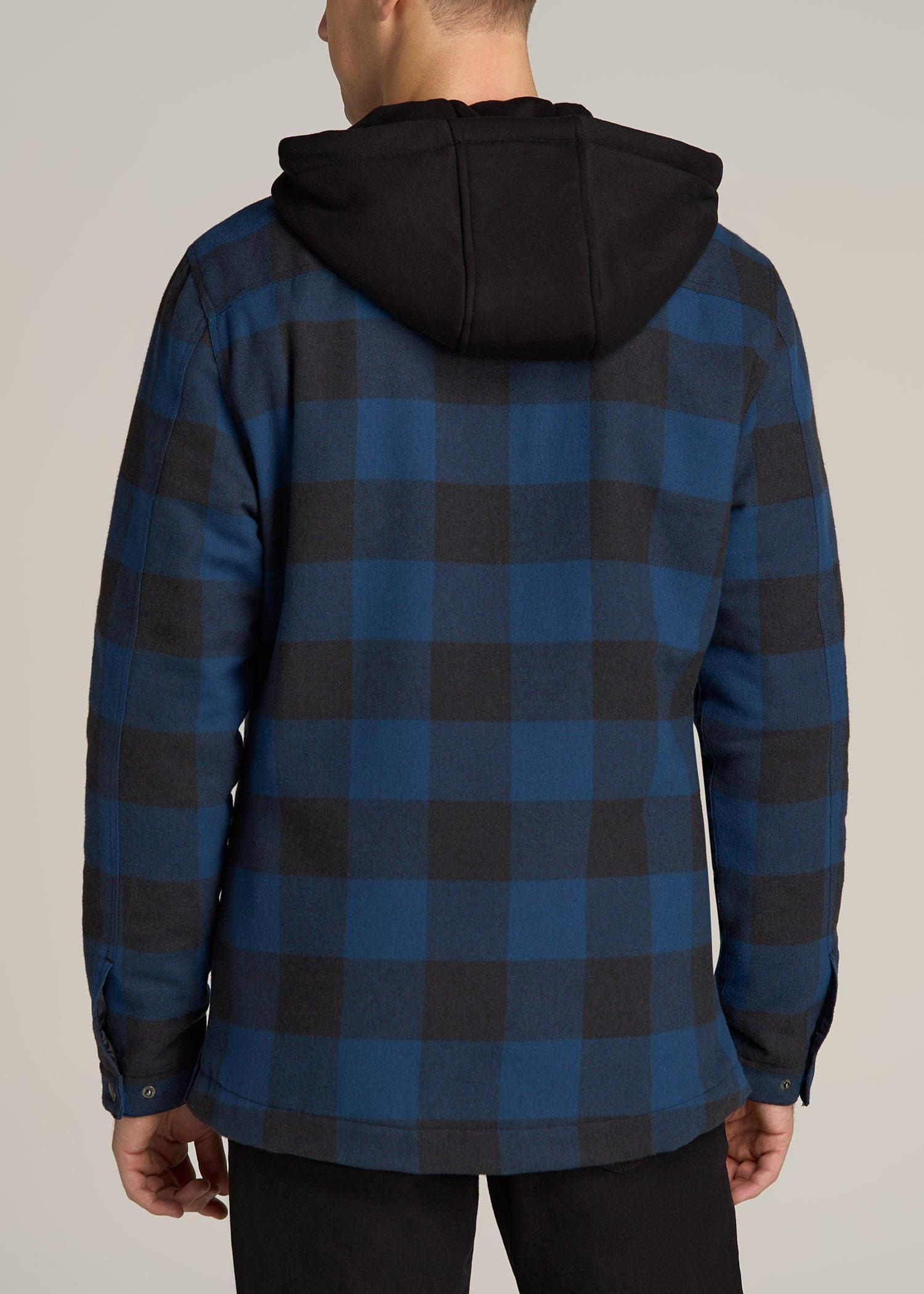 Hooded Flannel Shirt Jacket for Tall Men in Black and Blue Check Product Image