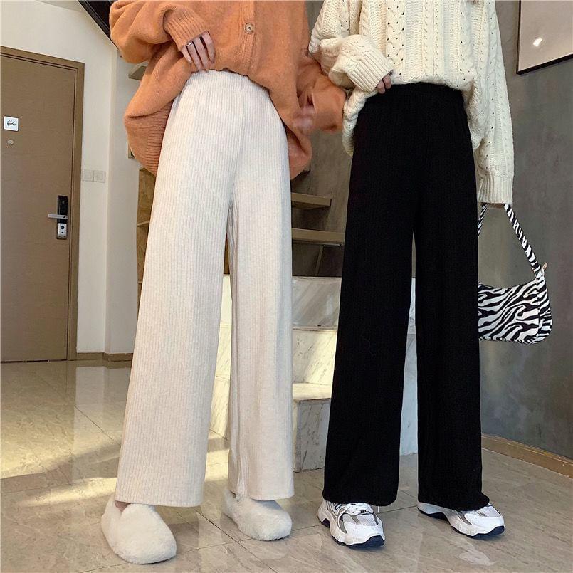 Mid Rise Plain Ribbed Wide Leg Pants (Various Designs) Product Image