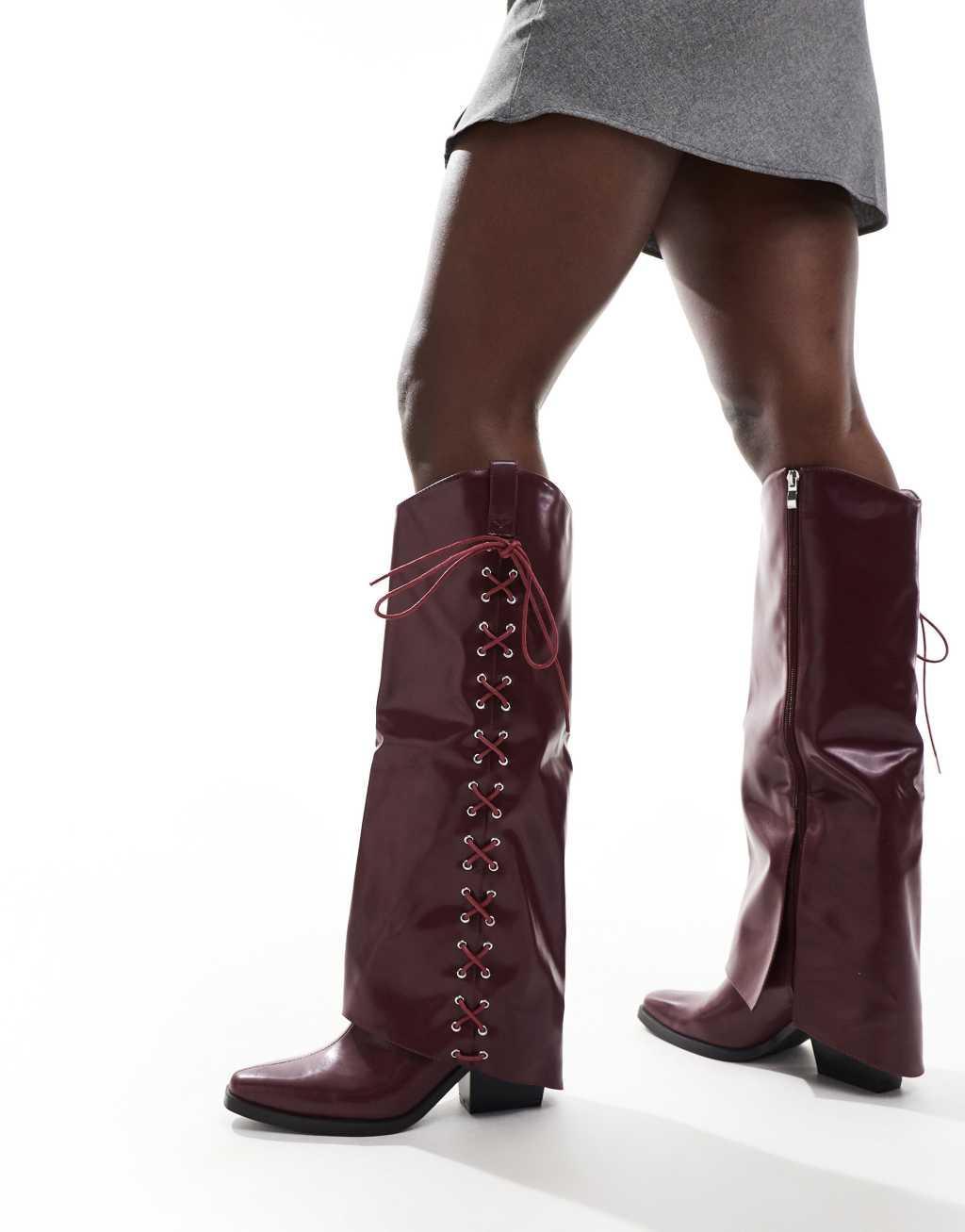 Glamorous foldover western heeled knee boots with lace up bow in burgundy Product Image