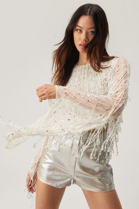 Beaded Tassel Sheer Bell Sleeve Top Product Image