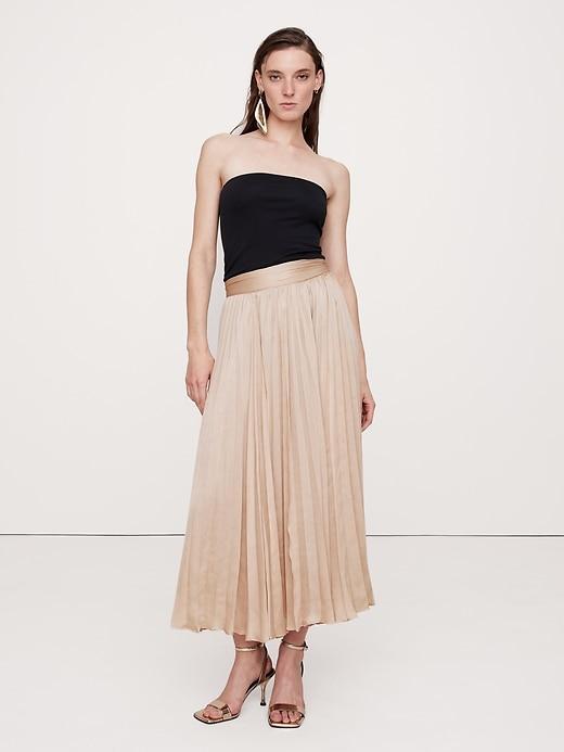 Crinkle Satin Pleated Midi Skirt Product Image