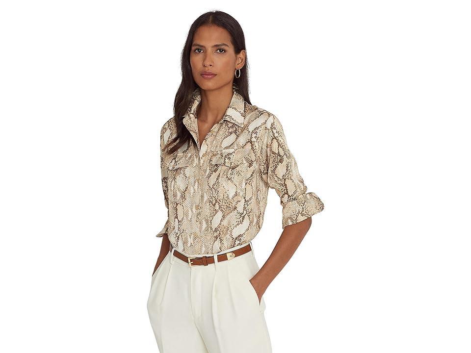 LAUREN Ralph Lauren Snakeskin Print Charmeuse Shirt (Cream ) Women's Blouse Product Image