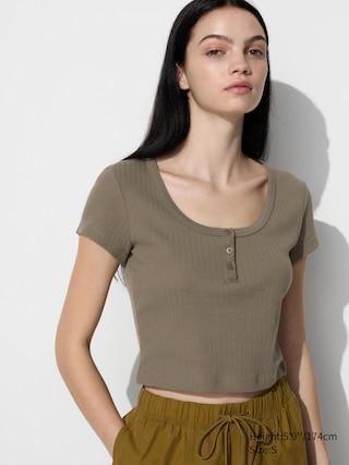 Womens Pointelle Henley Neck T-Shirt Olive XS UNIQLO US Product Image