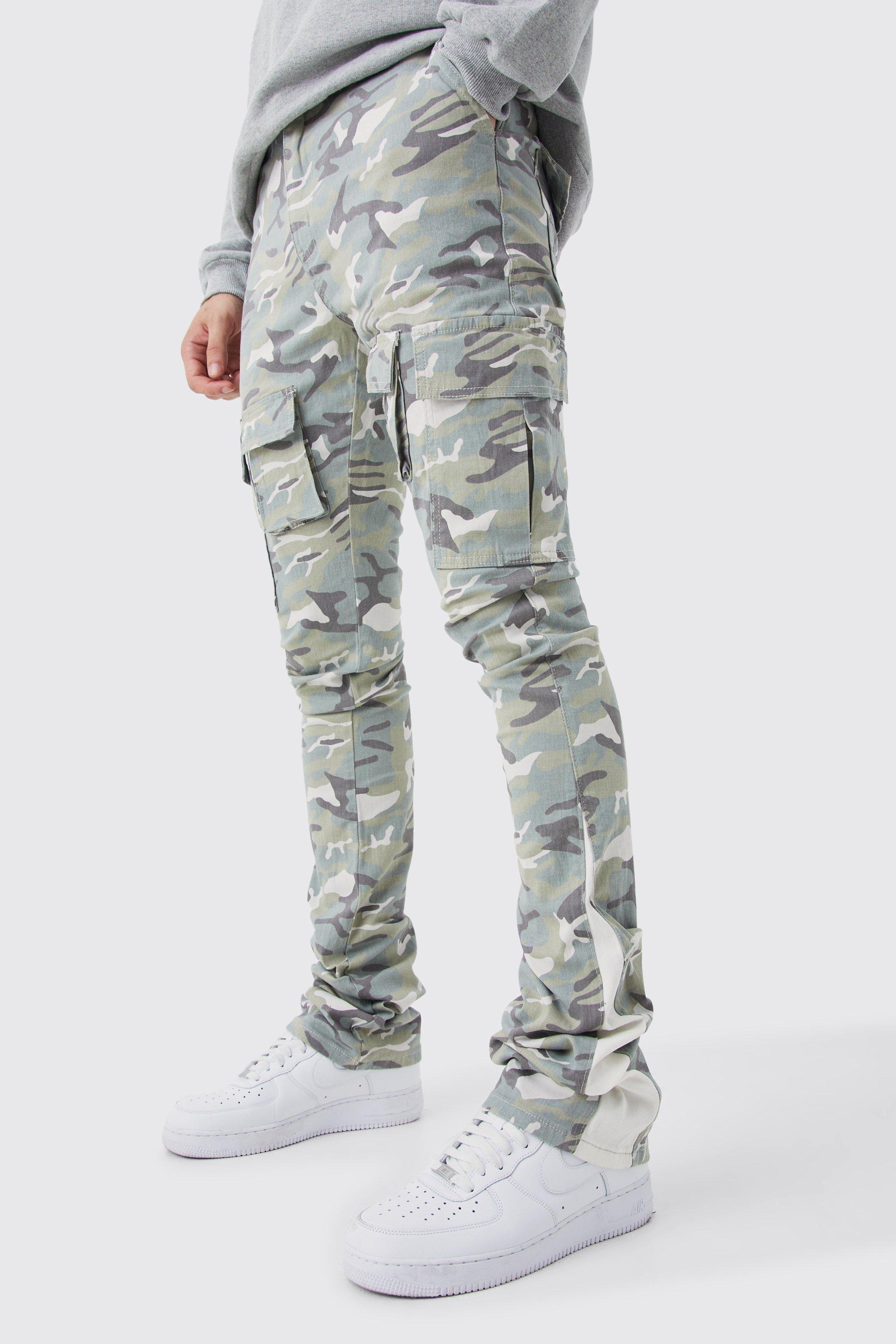 Mens Green Tall Skinny Stacked Flare Gusset Camo Cargo Trouser, Green Product Image