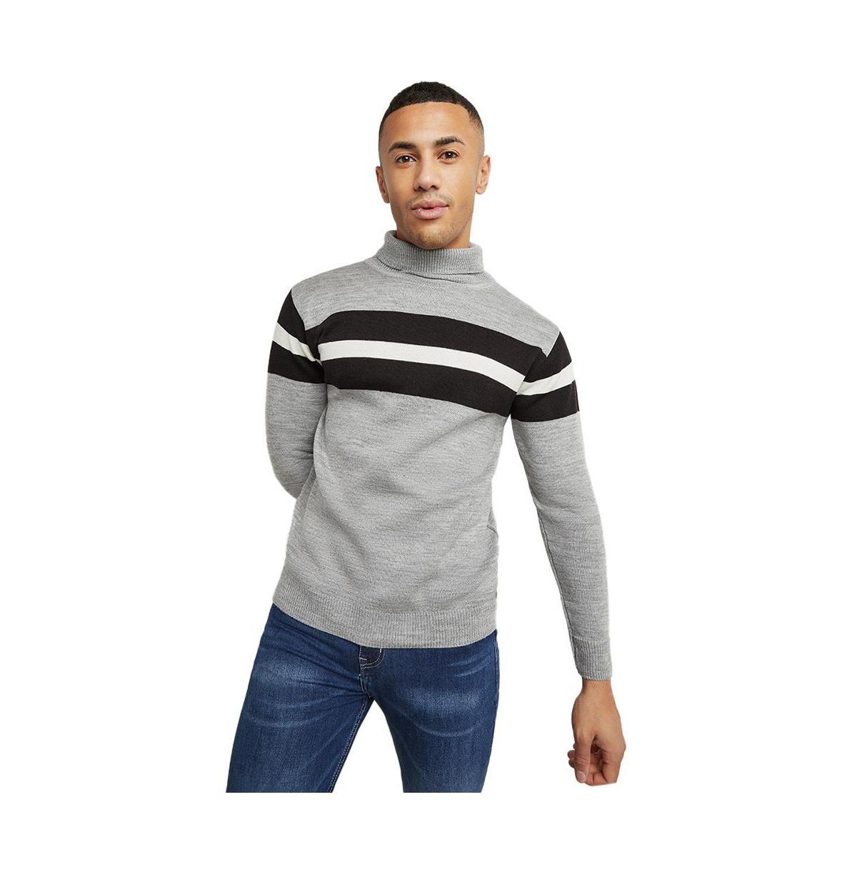 Campus Sutra Mens Light Grey Relaxed Horizontal Striped Pullover Sweater Product Image