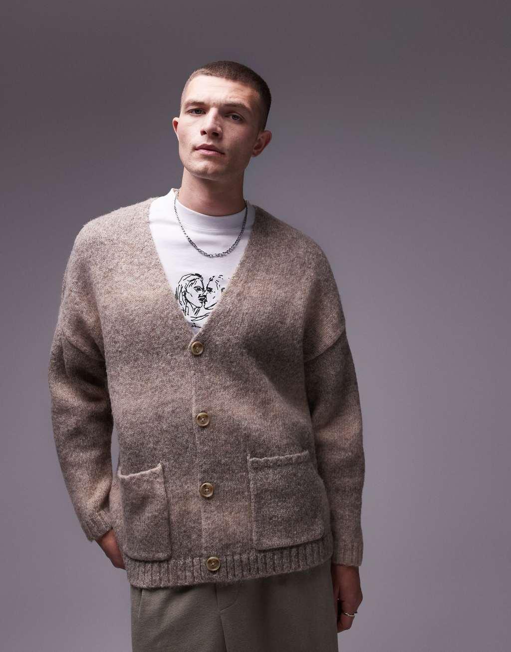 Topman oversized brushed ombre cardigan in ecru Product Image