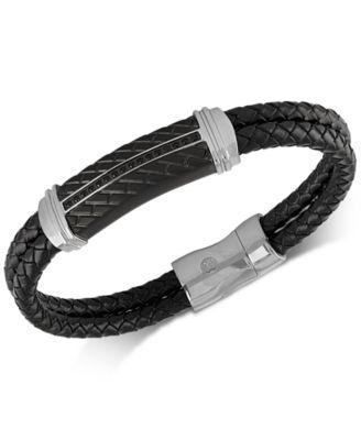 Esquire Mens Jewelry Diamond & Leather Bracelet in Stainless Steel Ion-Plate, Created for Macys - Black Product Image