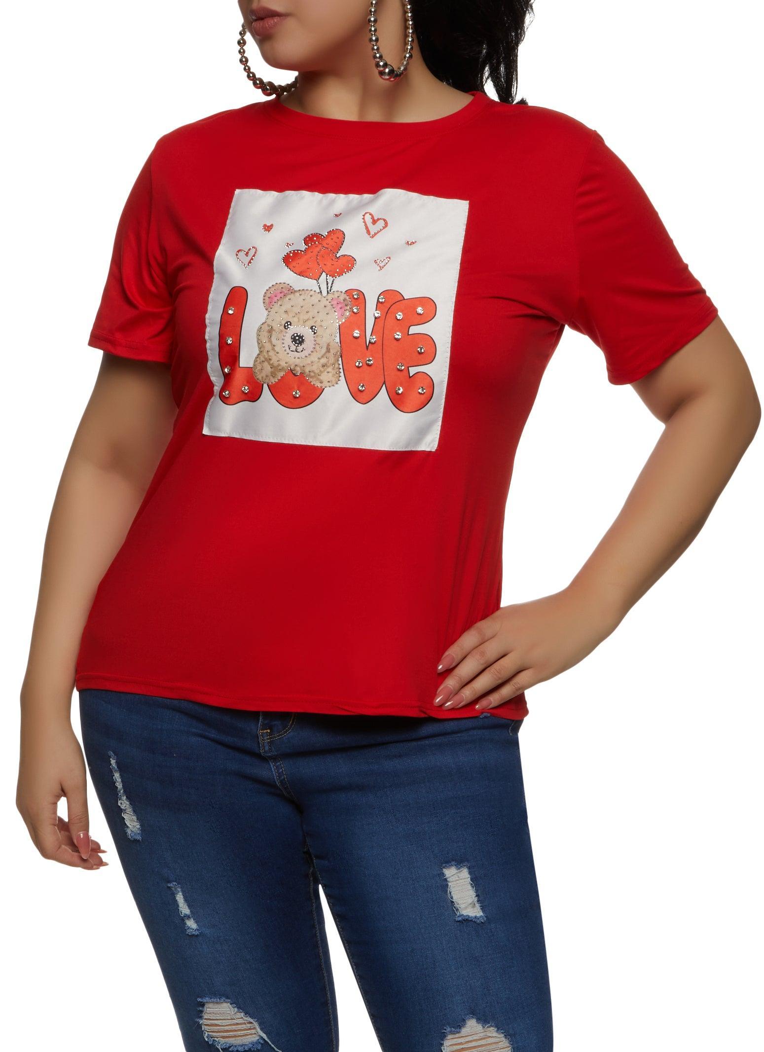 Womens Plus Size Love Bear Rhinestone Graphic Patch Tee Product Image