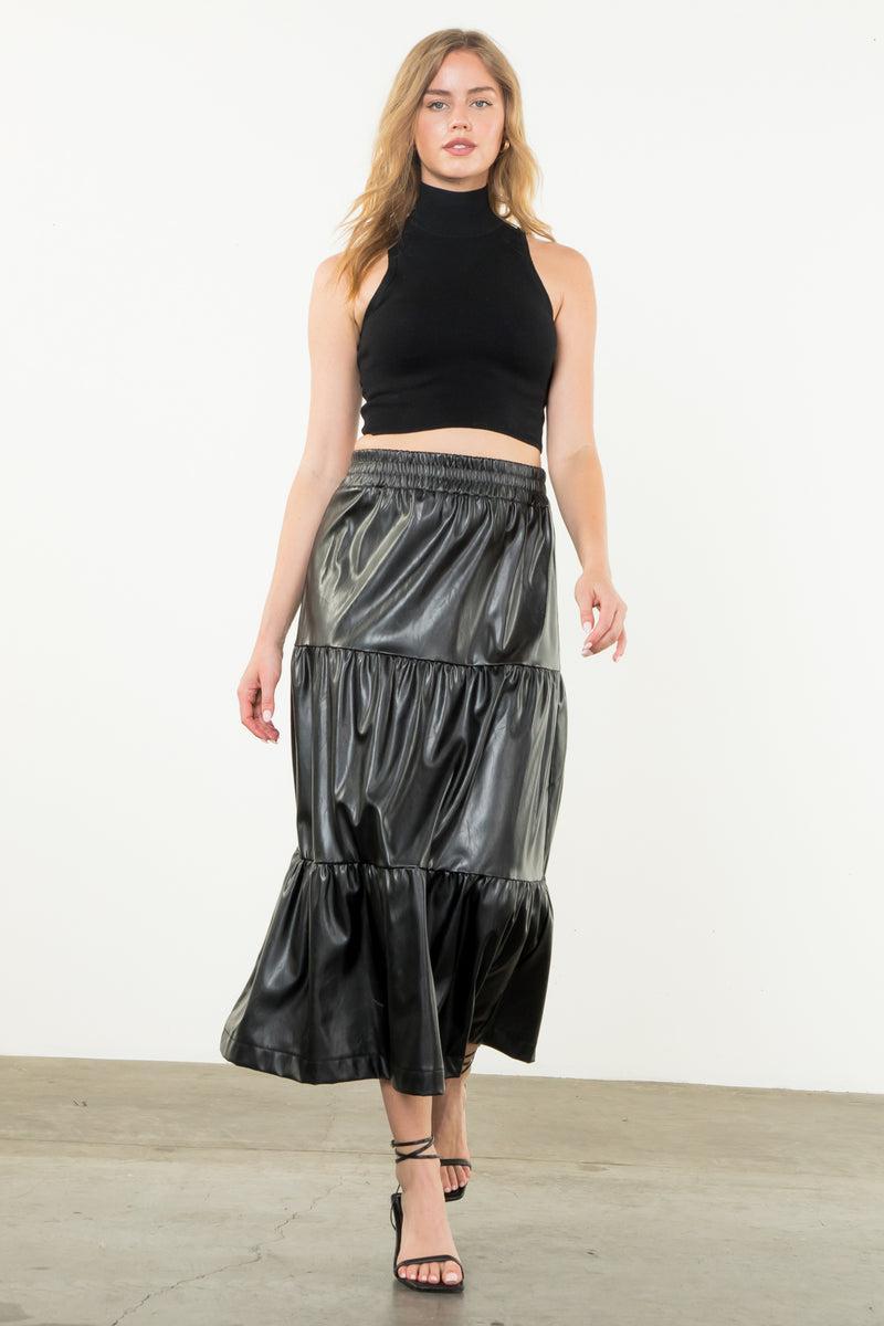 Larissa Long Tiered Leather Skirt Product Image