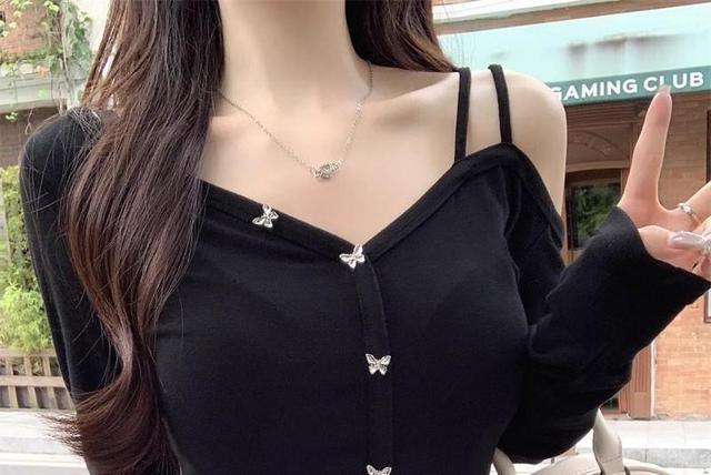 Long Sleeve Cold-Shoulder Butterfly Button Slim-Fit Top Product Image