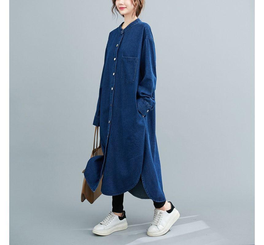 Long-Sleeve Round Neck Plain Slit Denim Midi Shirt Dress Product Image