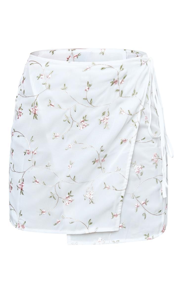 White Flower Embroidered Chiffon Wrap Mini Skirt Product Image