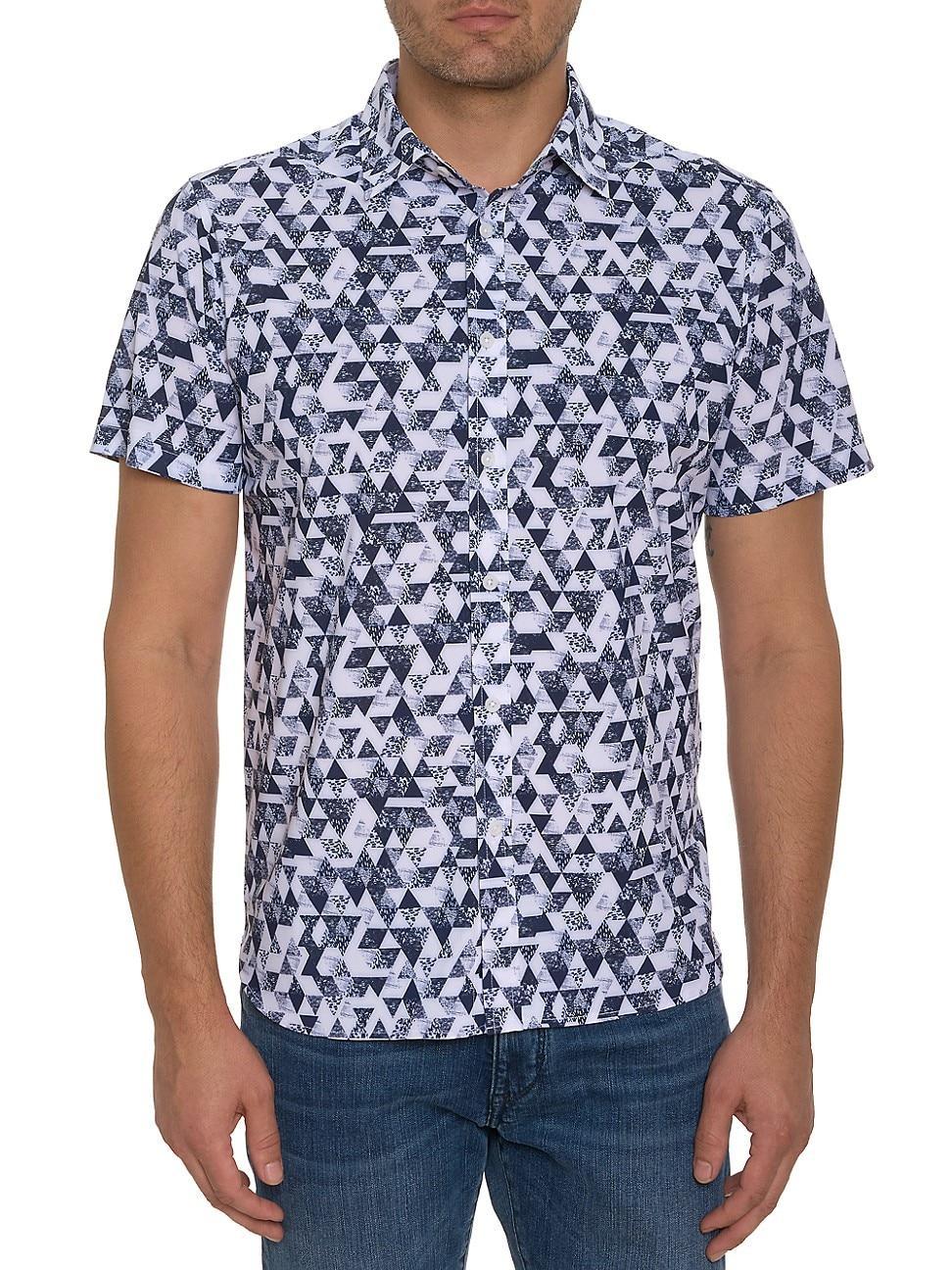 Robert Graham Stamos Geo Print Short Sleeve Button-Up Knit Shirt Product Image