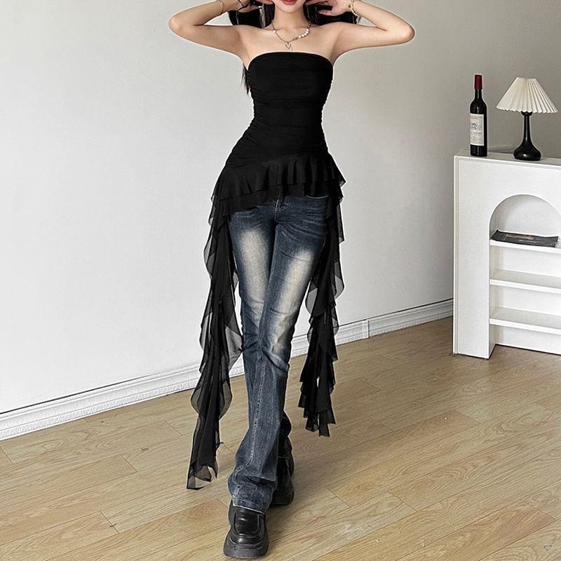 Plain Ruffle Asymmetrical Ruched Tube Top Product Image