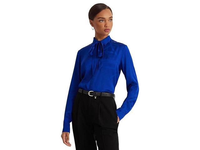 Lauren Ralph Lauren Belting-Motif Jacquard Tie-Neck Shirt (Sapphire Star) Women's Clothing Product Image