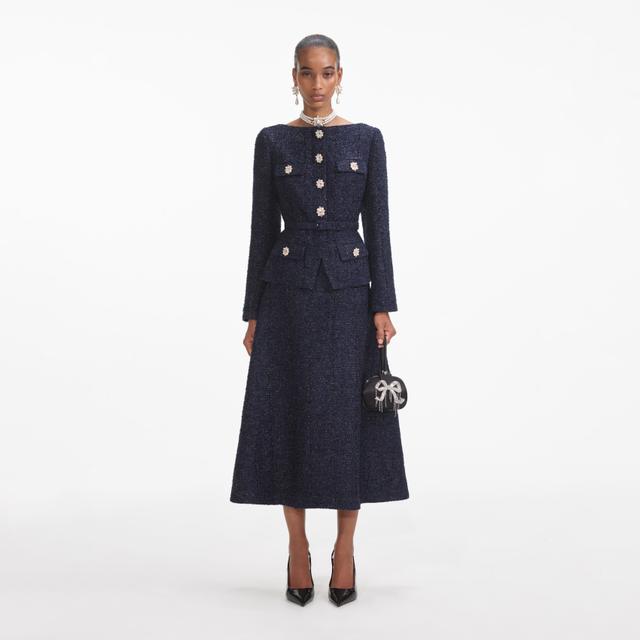 Navy Metallic Boucle Midi Dress Product Image