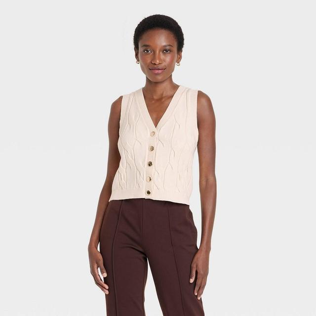 Womens Cabled Button-Down Vest - A New Day Cream Product Image